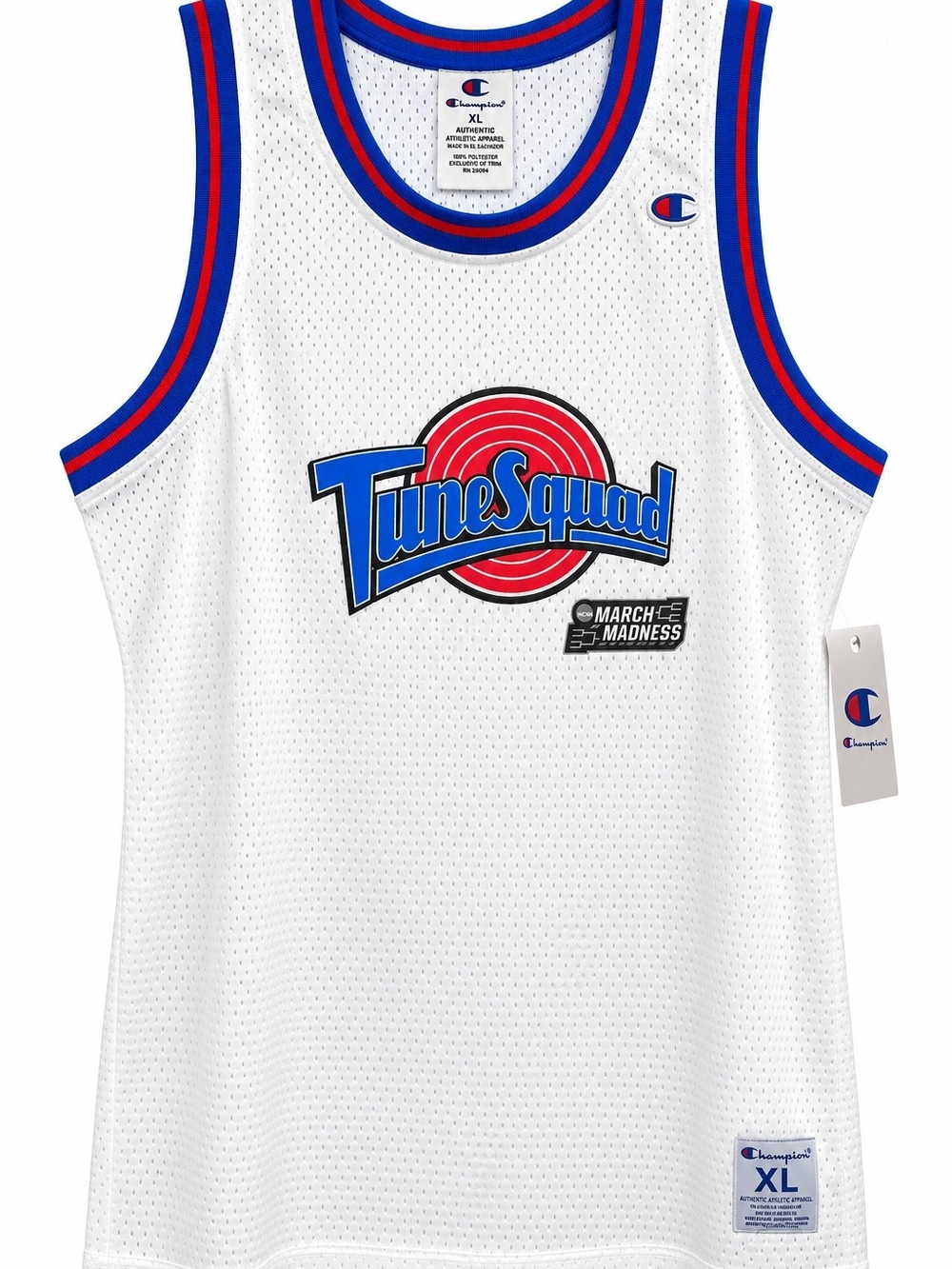 Champion White Tune Squad Basketball Jersey with Blue & Red Trim